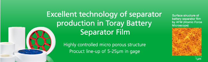 Excellent technology of separator production in Toray Battery Separator Film:Highly controlled micro porous structure Procuct line-up of 5-25μm in gage